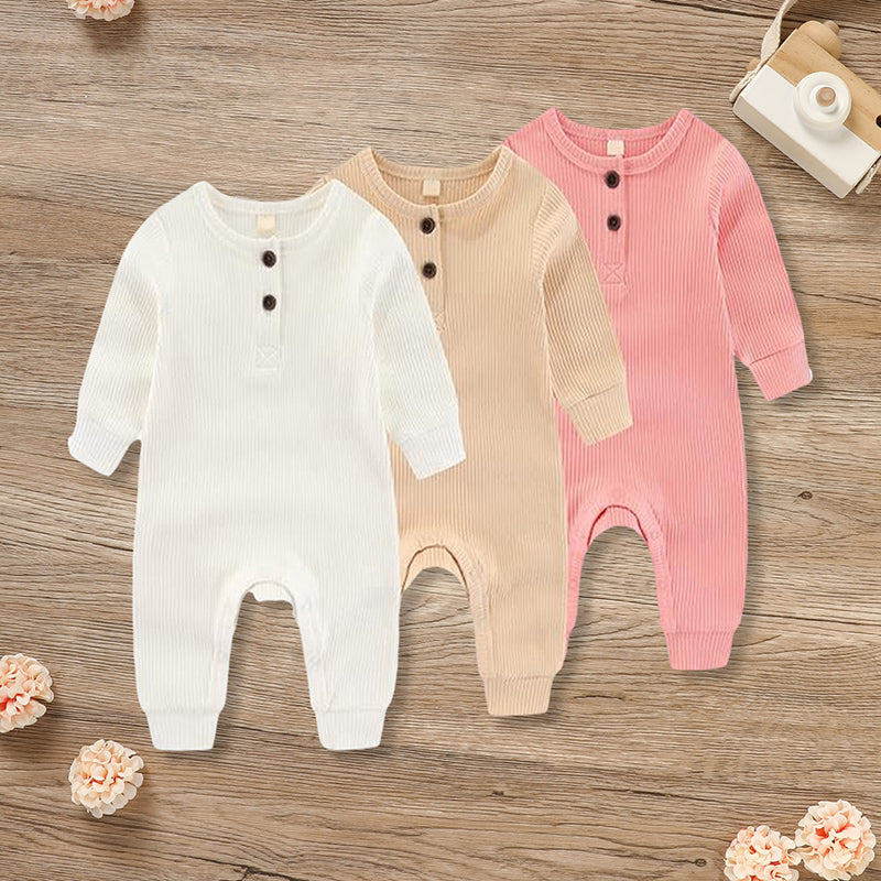 Soft Ribbed Baby Romper - 3-Pack Long Sleeve Button-Front Jumpsuit for Newborn to 24 Months