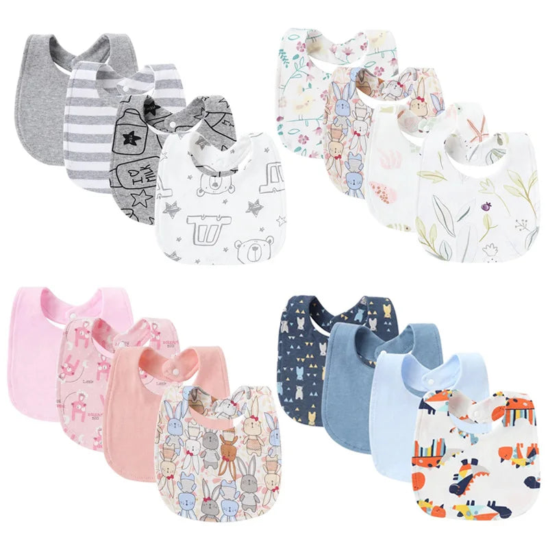 4-Pack Cotton Baby Bibs & Burp Cloths Set - Soft Cartoon Saliva Towels for Newborn
