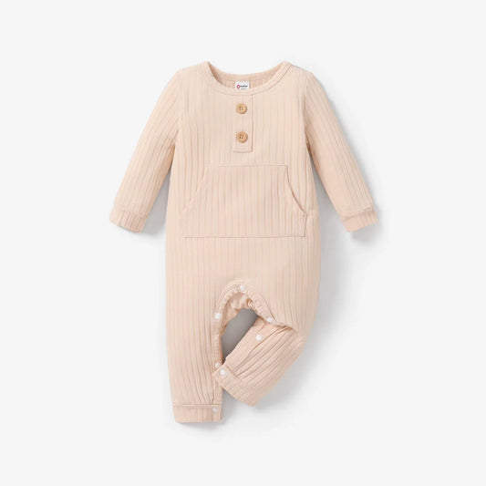 Ribbed Long Sleeve Baby Jumpsuit with Pocket