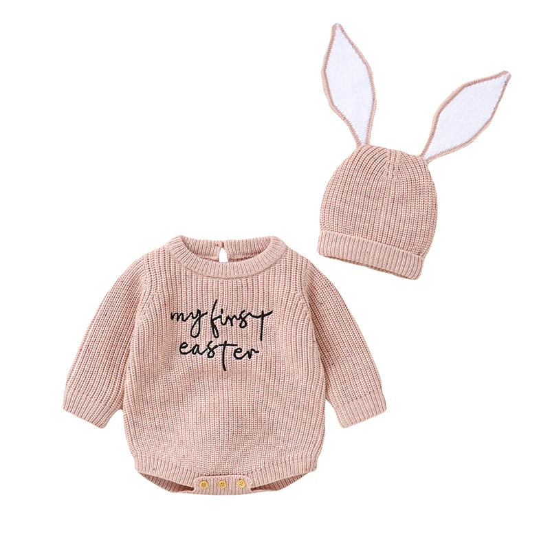 Baby pink Baby sweater and hat set with bunny ears on a white background