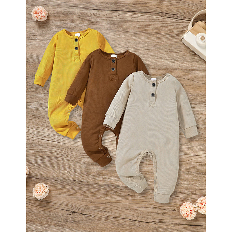 Soft Ribbed Baby Romper - 3-Pack Long Sleeve Button-Front Jumpsuit for Newborn to 24 Months
