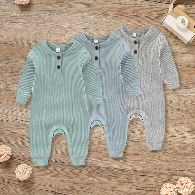 Soft Ribbed Baby Romper - 3-Pack Long Sleeve Button-Front Jumpsuit for Newborn to 24 Months