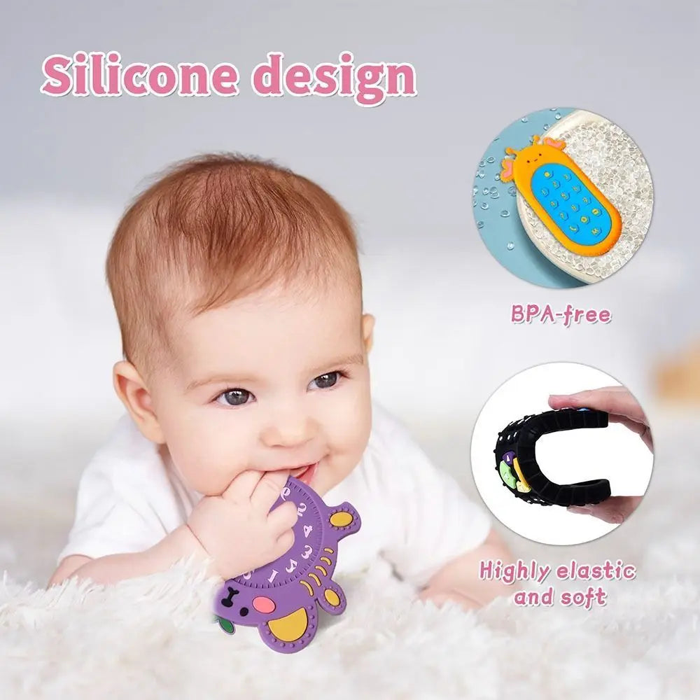 Baby holding a silicone teething toy with product details on a light gray background