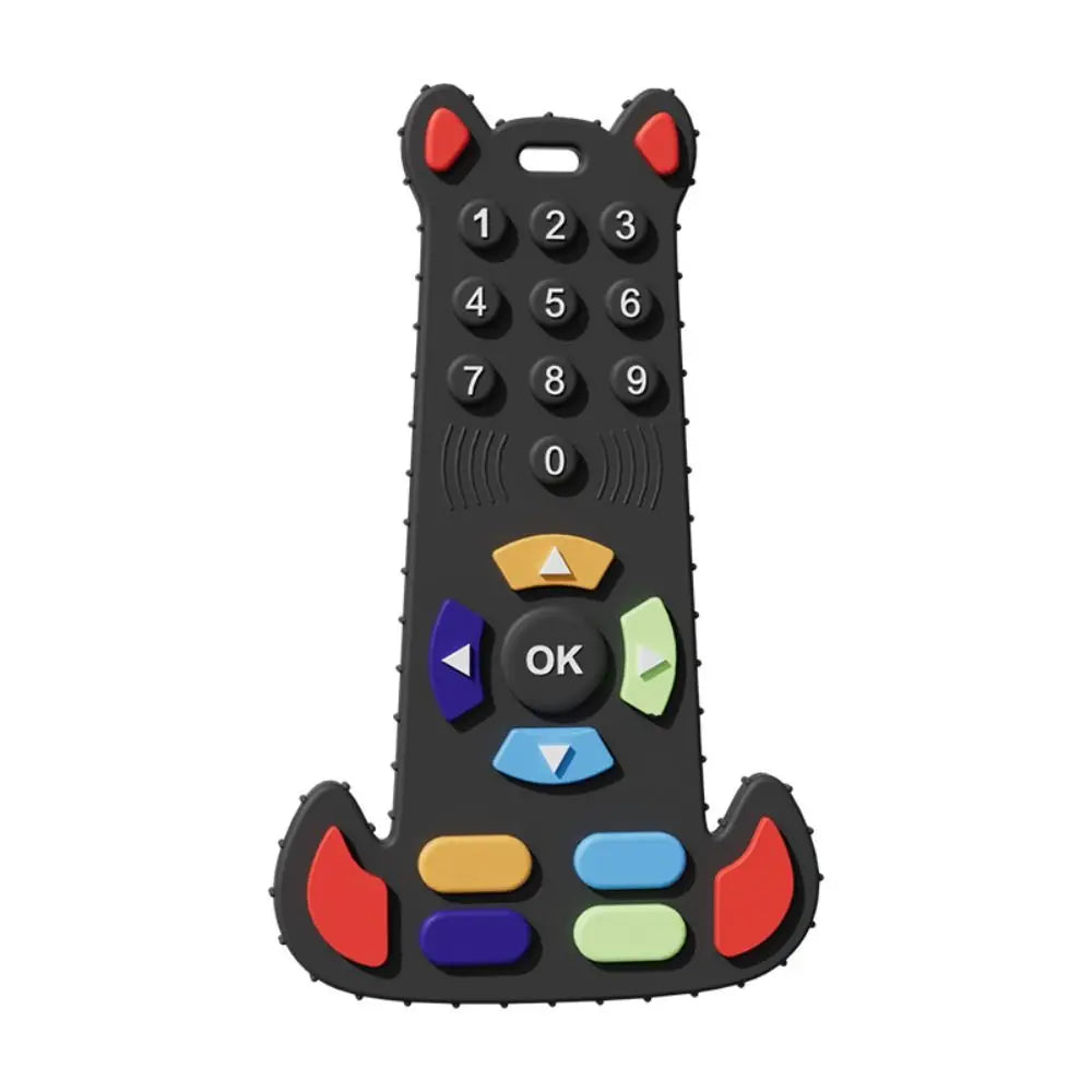 Black remote control with colorful buttons on a white background