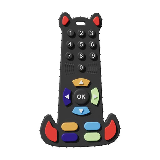 Black remote control with colorful buttons on a white background