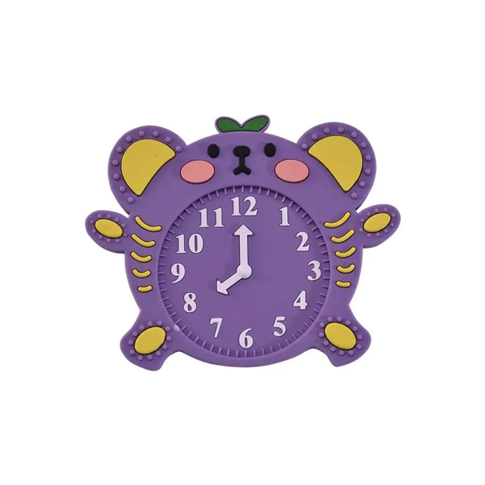 Purple cartoon clock with yellow accents on a white background