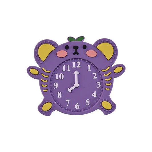 Purple cartoon clock with yellow accents on a white background