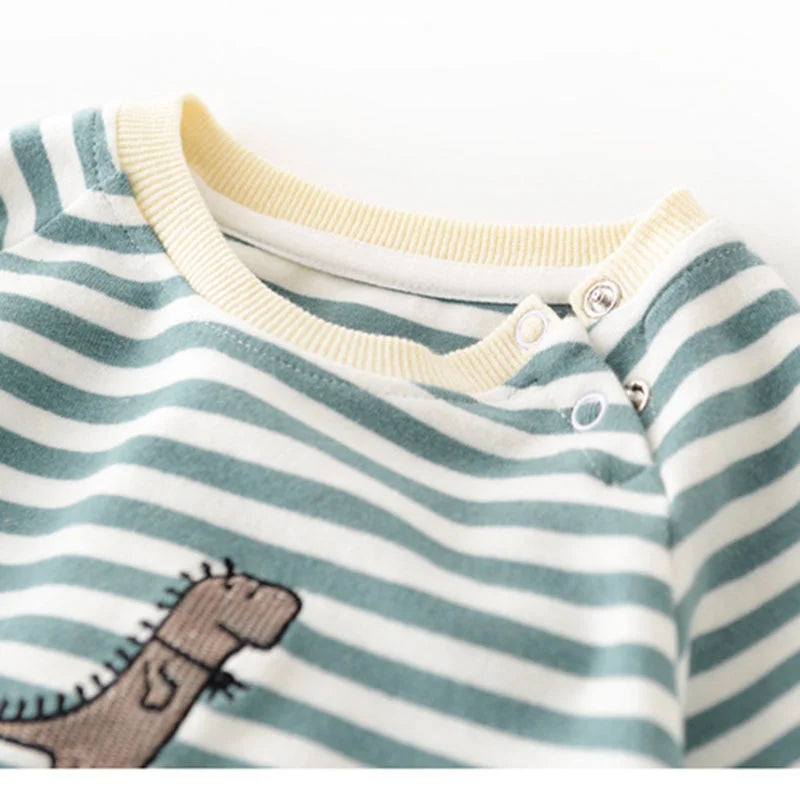Striped Cotton Baby Romper with Dinosaur Embroidery