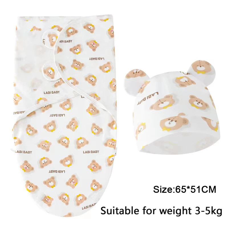 Cartoon Print Swaddle and Hat Set - Cotton Newborn Wrap