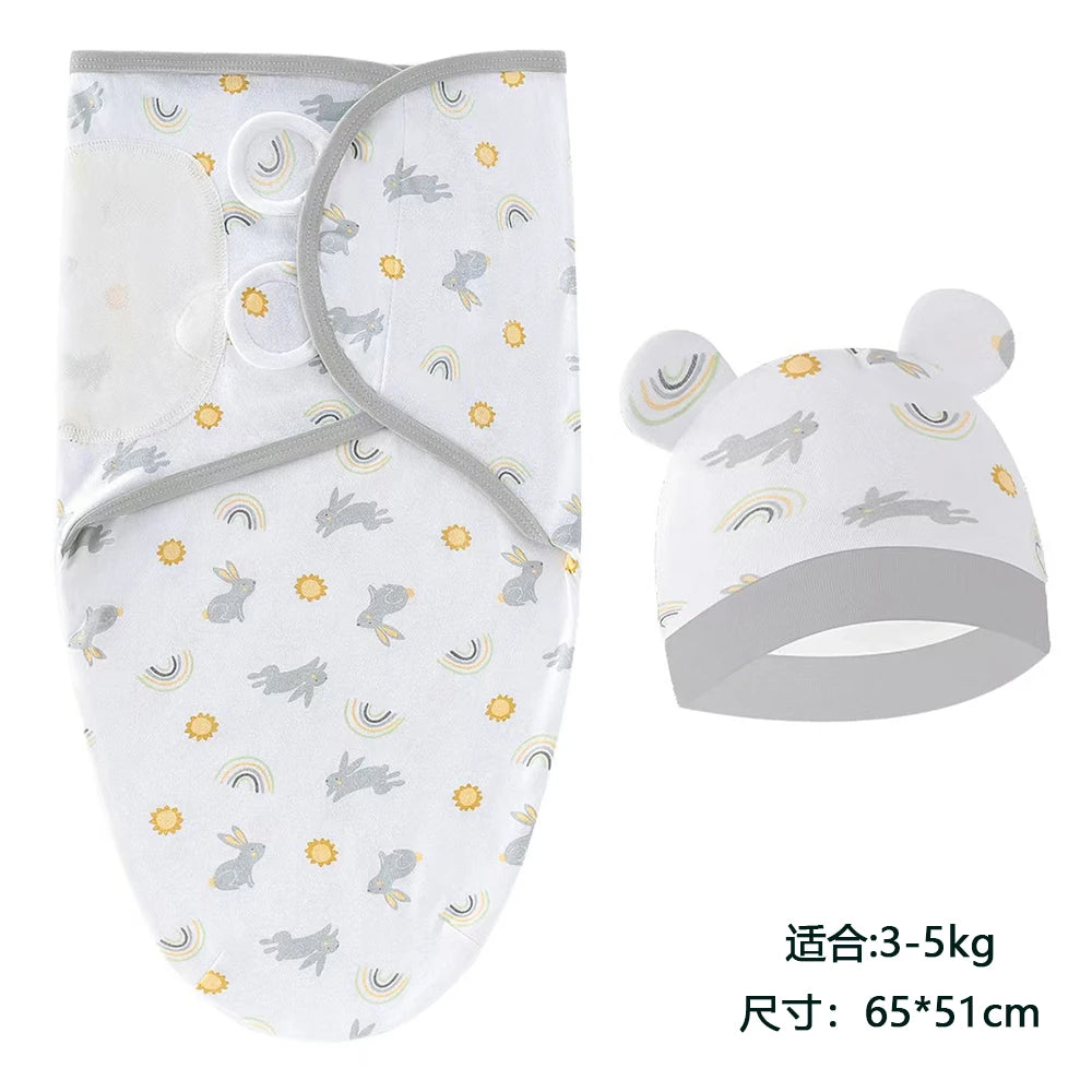 Cartoon Print Swaddle and Hat Set - Cotton Newborn Wrap