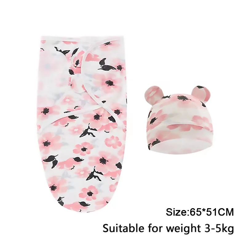 Cartoon Print Swaddle and Hat Set - Cotton Newborn Wrap