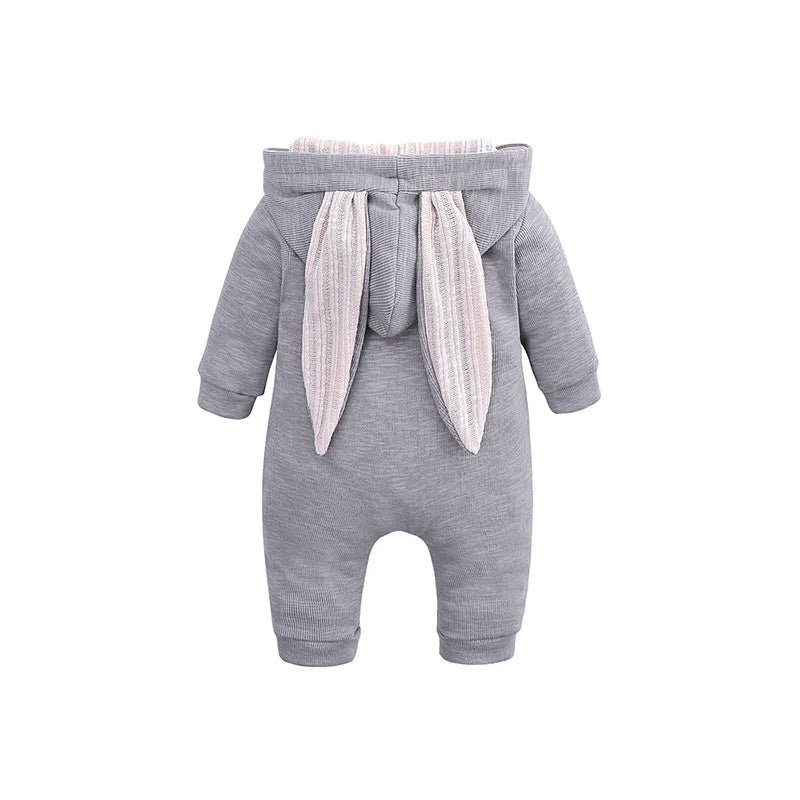 Gray baby onesie with bunny ears on a white background