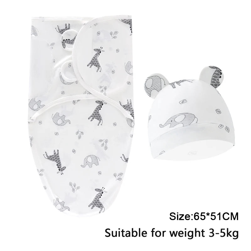 Cartoon Print Swaddle and Hat Set - Cotton Newborn Wrap