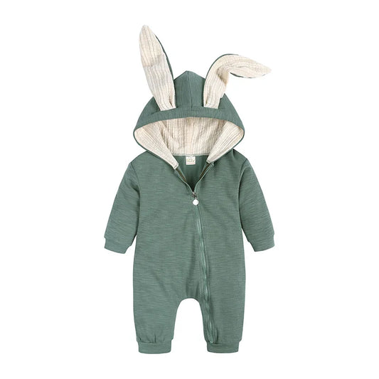 Green baby onesie with bunny ears on a white background