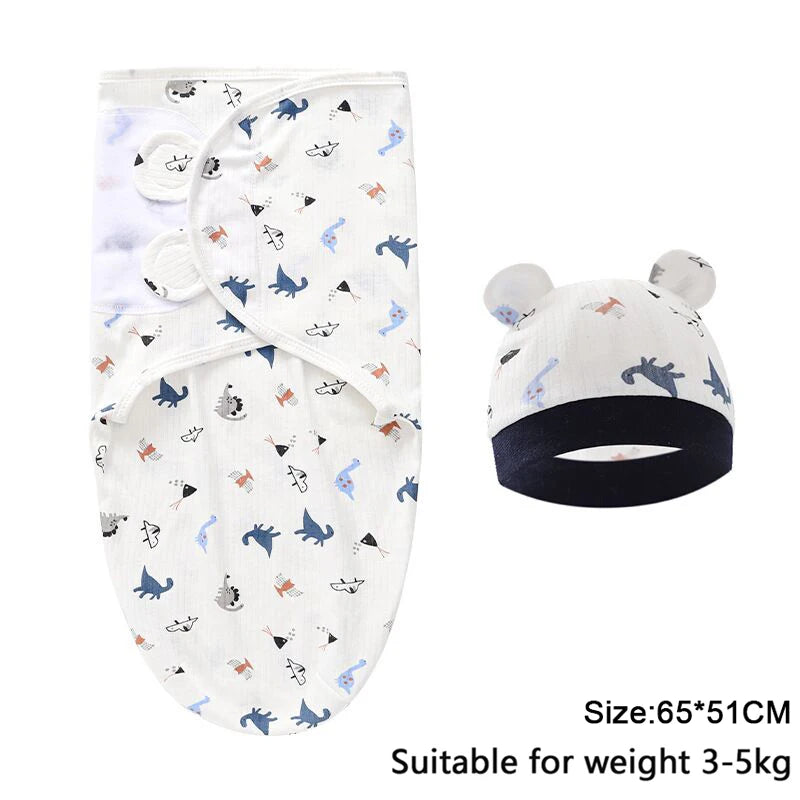 Cartoon Print Swaddle and Hat Set - Cotton Newborn Wrap