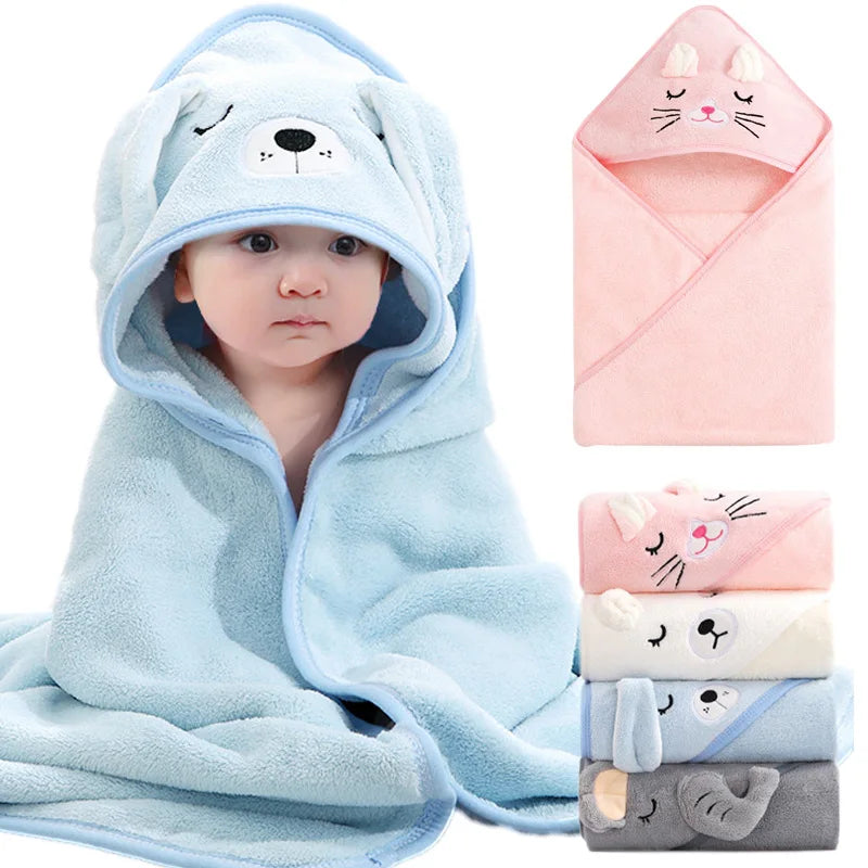 Cartoon Animal Hooded Baby Bath Towel - Soft Coral Fleece Blanket