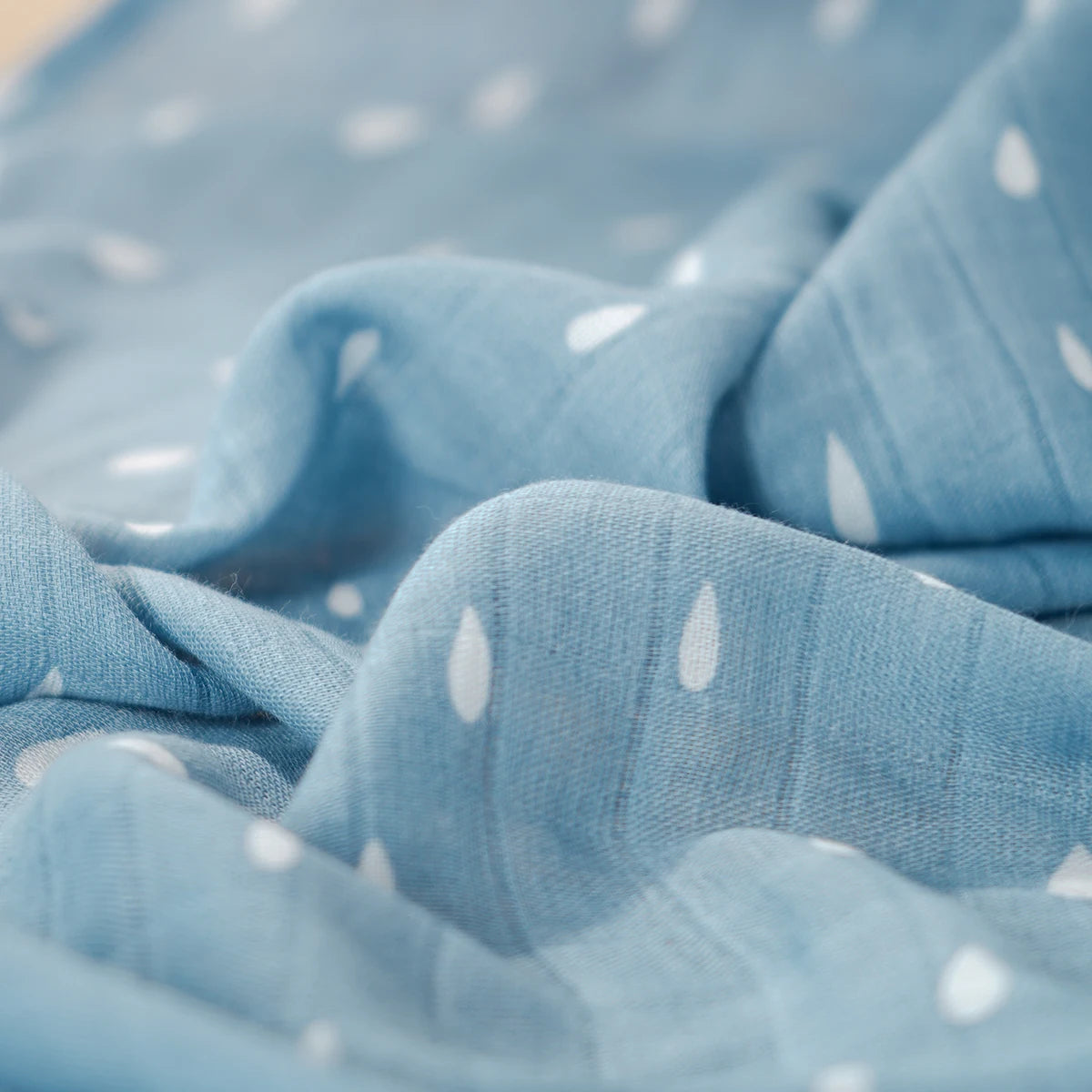 Close-up of blue fabric with white raindrop pattern