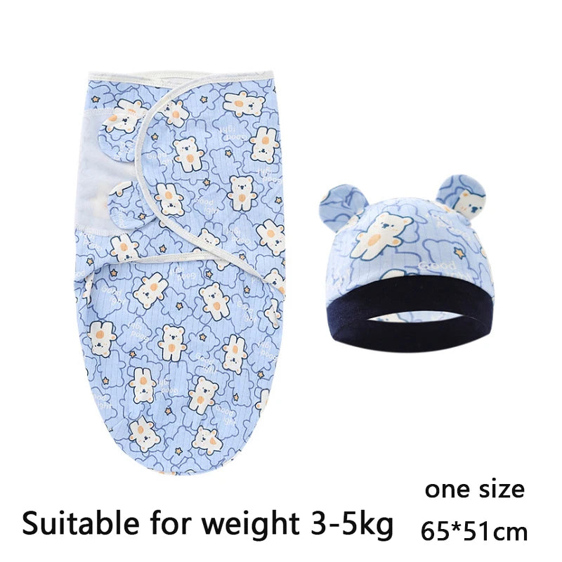 Cartoon Print Swaddle and Hat Set - Cotton Newborn Wrap