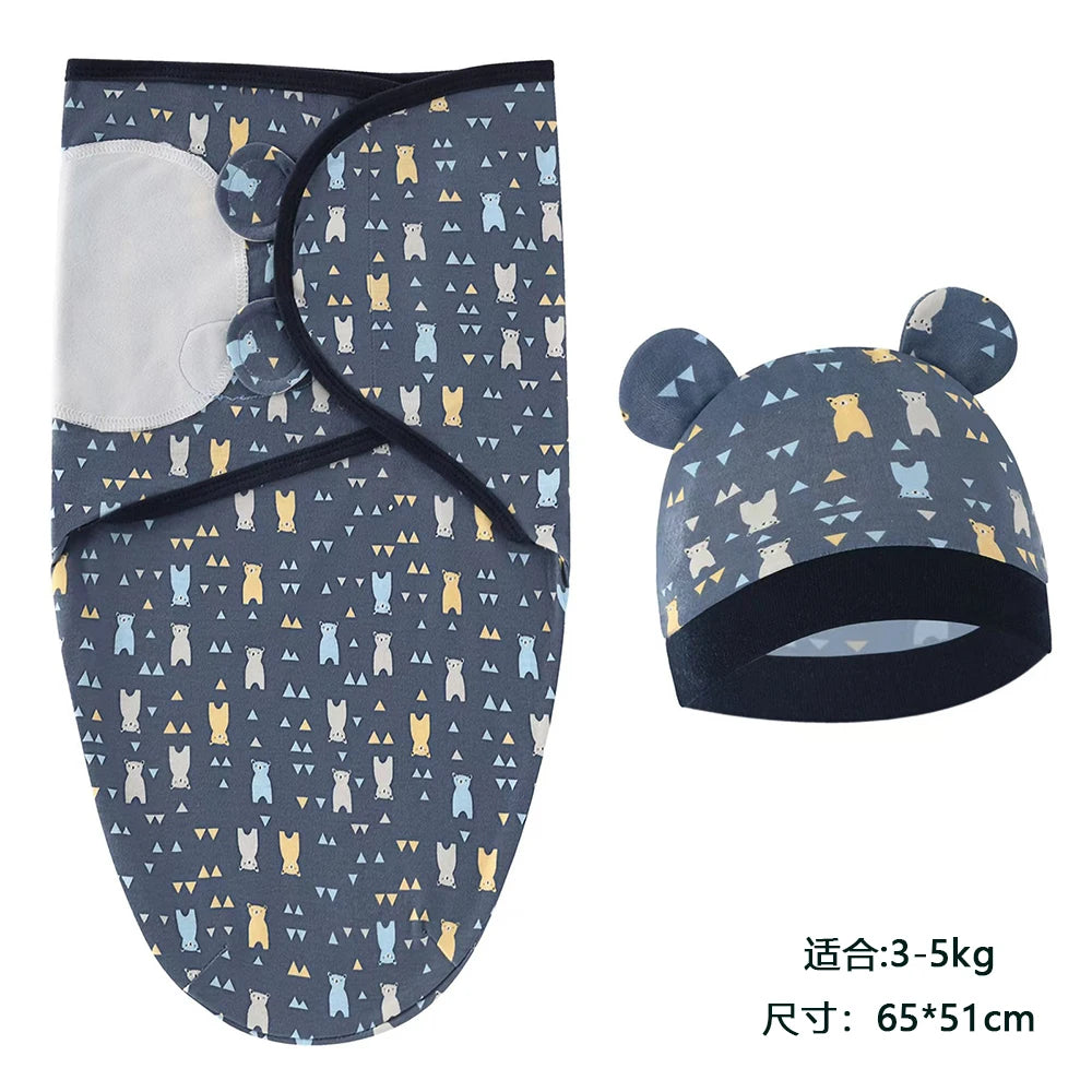 Cartoon Print Swaddle and Hat Set - Cotton Newborn Wrap