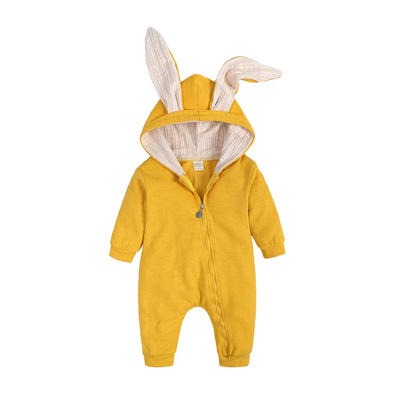 Yellow baby onesie with bunny ears on a white background