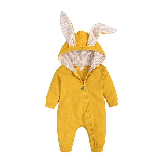 Yellow baby onesie with bunny ears on a white background