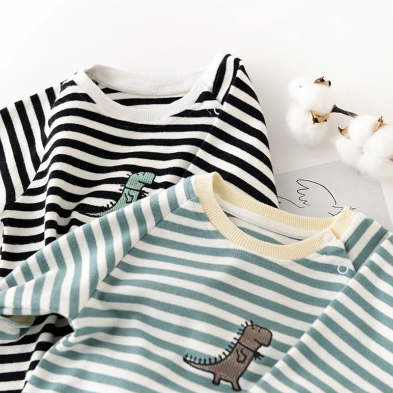 Striped Cotton Baby Romper with Dinosaur Embroidery