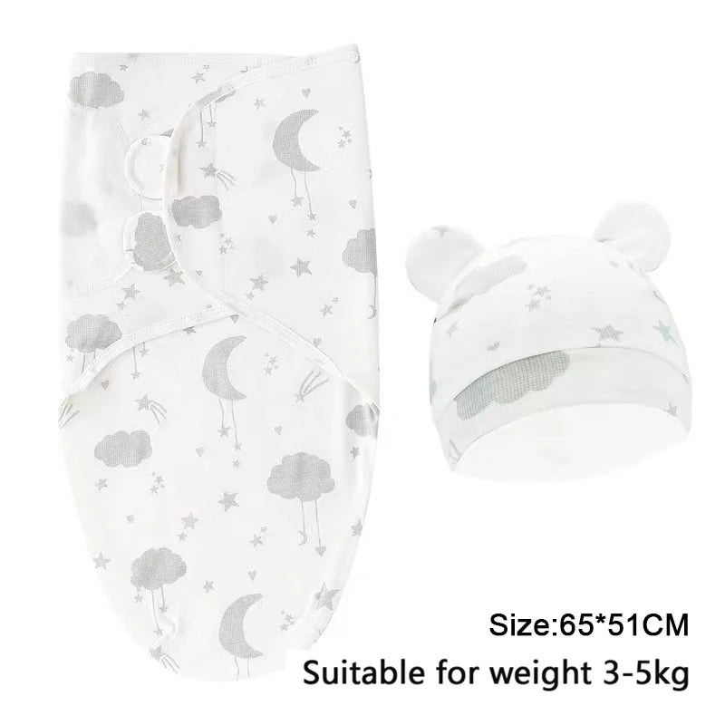 Cartoon Print Swaddle and Hat Set - Cotton Newborn Wrap
