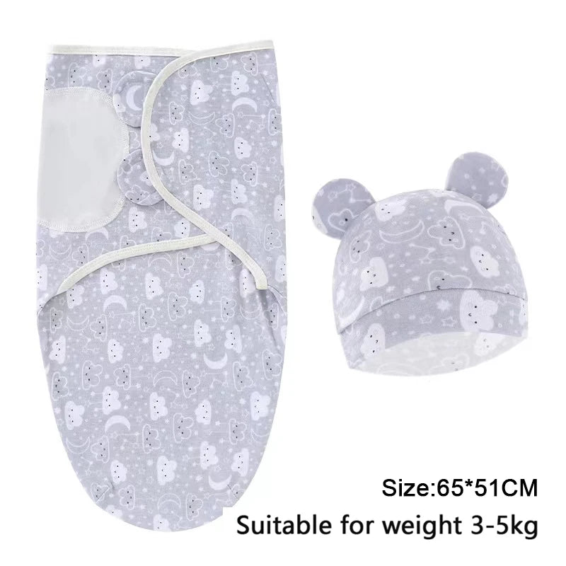 Cartoon Print Swaddle and Hat Set - Cotton Newborn Wrap
