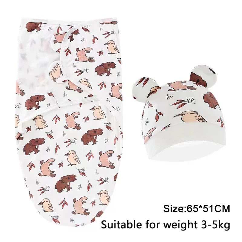 Cartoon Print Swaddle and Hat Set - Cotton Newborn Wrap