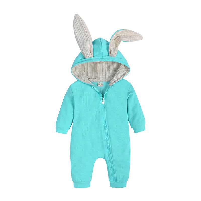 Turquoise baby onesie with bunny ears on a white background