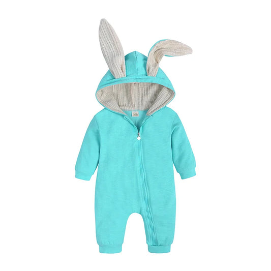 Turquoise baby onesie with bunny ears on a white background