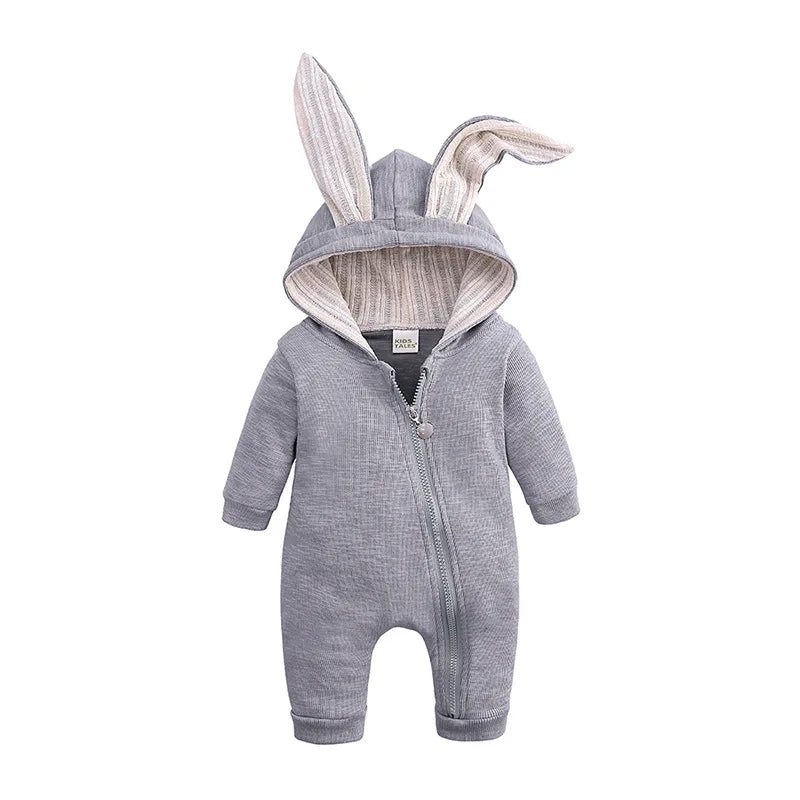 Gray baby onesie with bunny ears on a white background