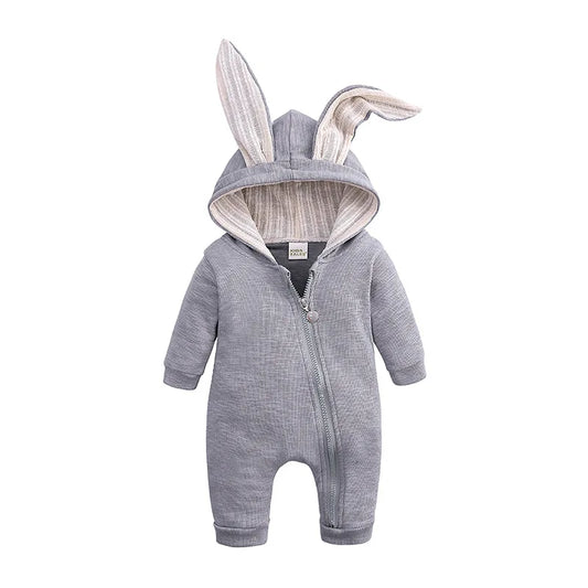 Gray baby onesie with bunny ears on a white background