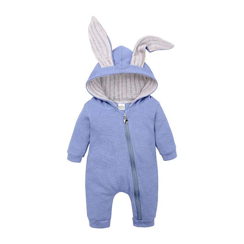 Blue baby onesie with bunny ears on a white background