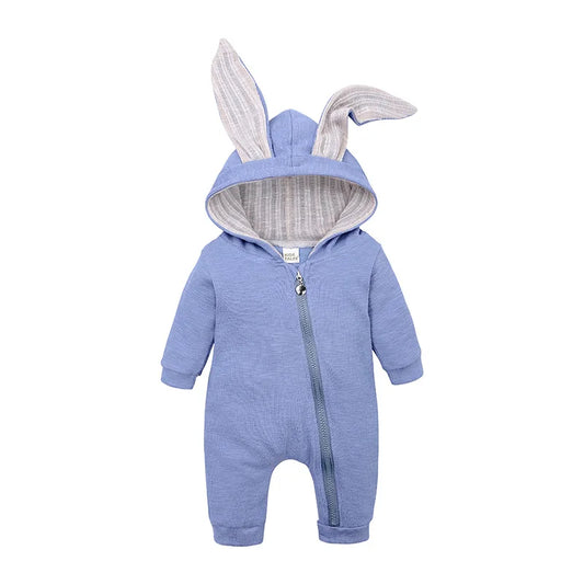 Blue baby onesie with bunny ears on a white background
