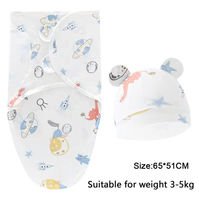 Cartoon Print Swaddle and Hat Set - Cotton Newborn Wrap