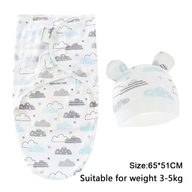 Cartoon Print Swaddle and Hat Set - Cotton Newborn Wrap