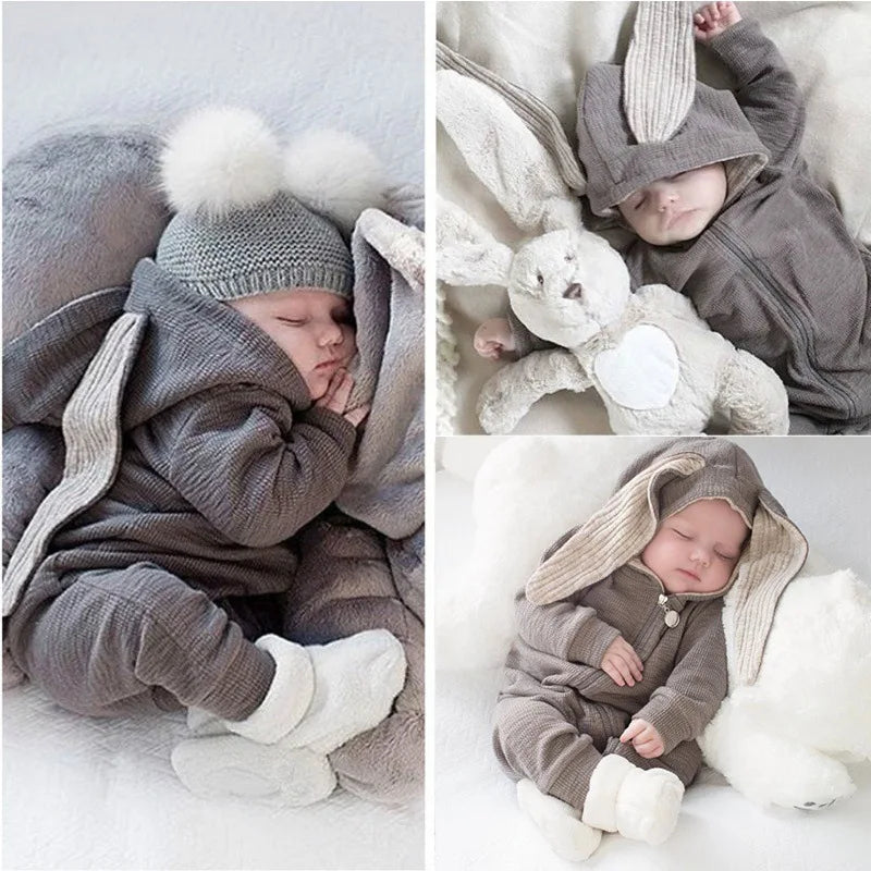 Collage of a baby in various outfits with plush toys on a soft surface