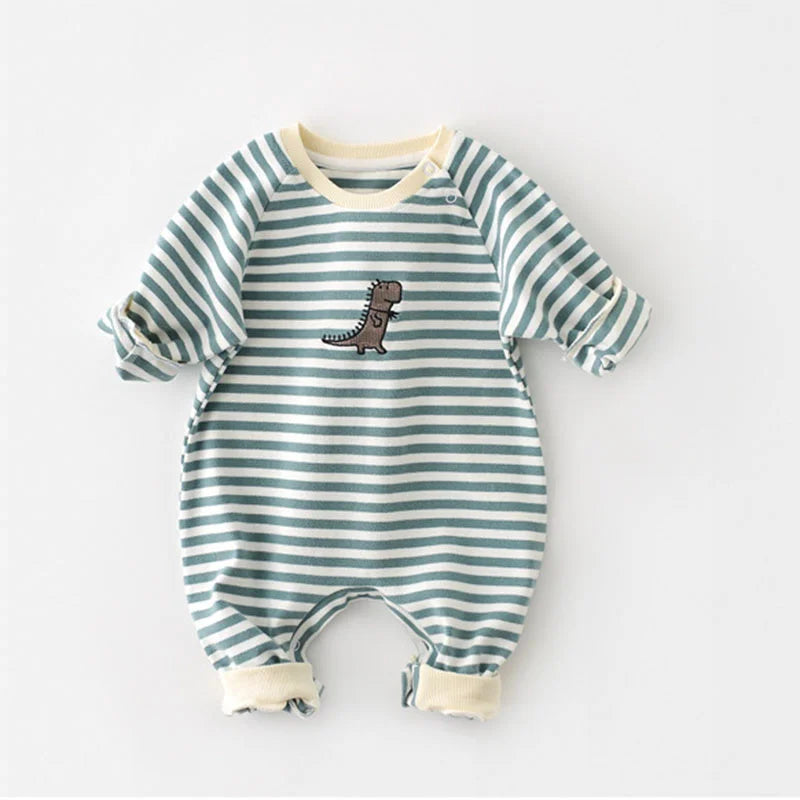 Striped Cotton Baby Romper with Dinosaur Embroidery