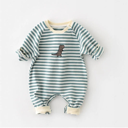 Striped Cotton Baby Romper with Dinosaur Embroidery