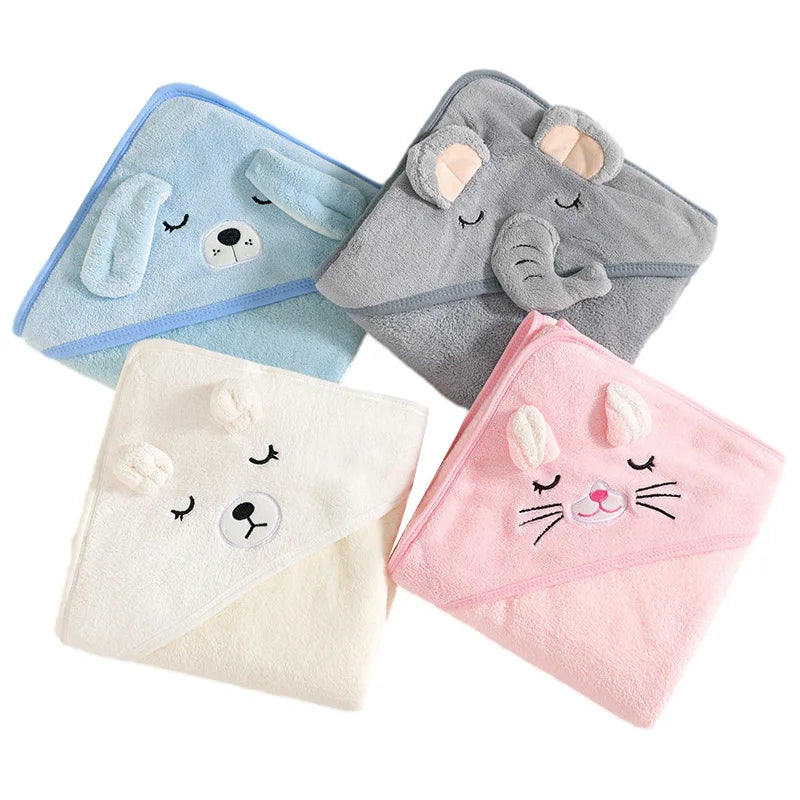 Cartoon Animal Hooded Baby Bath Towel - Soft Coral Fleece Blanket