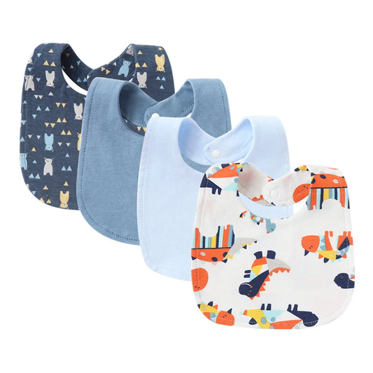 4-Pack Cotton Baby Bibs & Burp Cloths Set - Soft Cartoon Saliva Towels for Newborn