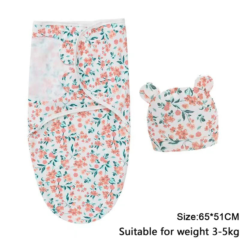 Cartoon Print Swaddle and Hat Set - Cotton Newborn Wrap