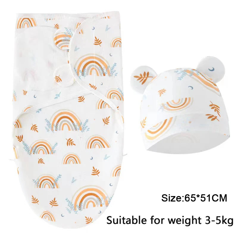 Cartoon Print Swaddle and Hat Set - Cotton Newborn Wrap