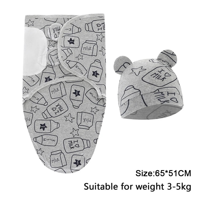Cartoon Print Swaddle and Hat Set - Cotton Newborn Wrap