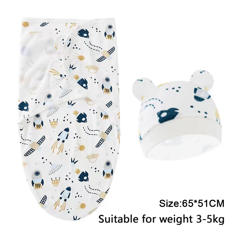 Cartoon Print Swaddle and Hat Set - Cotton Newborn Wrap