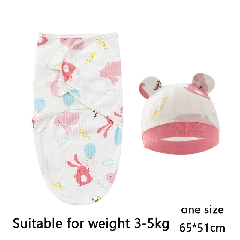 Cartoon Print Swaddle and Hat Set - Cotton Newborn Wrap