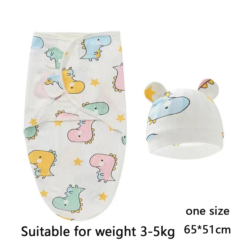 Cartoon Print Swaddle and Hat Set - Cotton Newborn Wrap