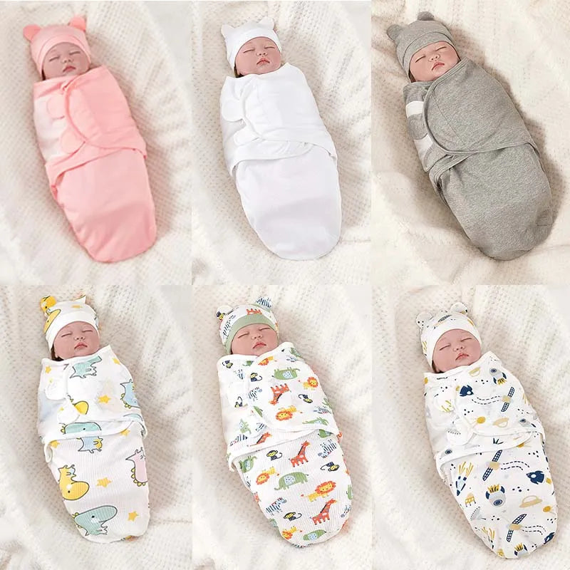 Cartoon Print Swaddle and Hat Set - Cotton Newborn Wrap