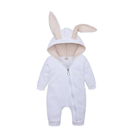 Baby onesie with bunny ears and ears on a white background